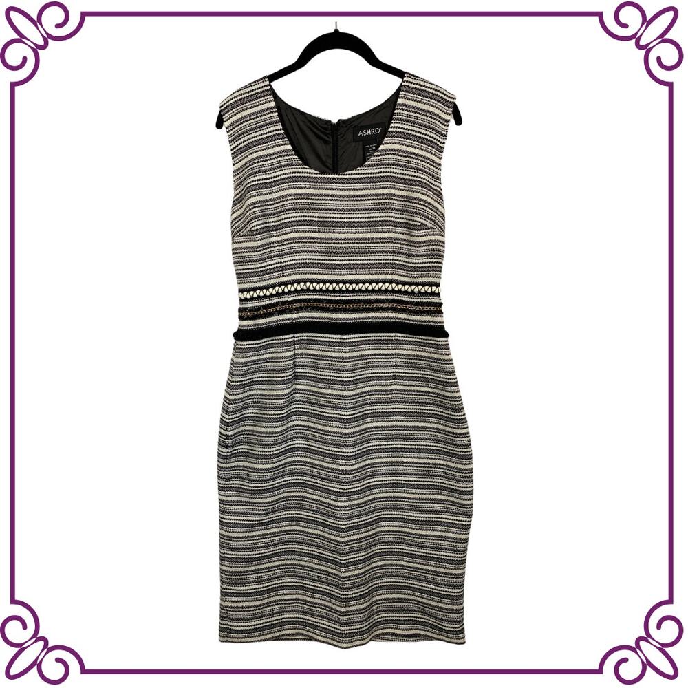 Ashro Sleeveless Round Neck Striped Black Blue Silver Sheath Dress  Size 10